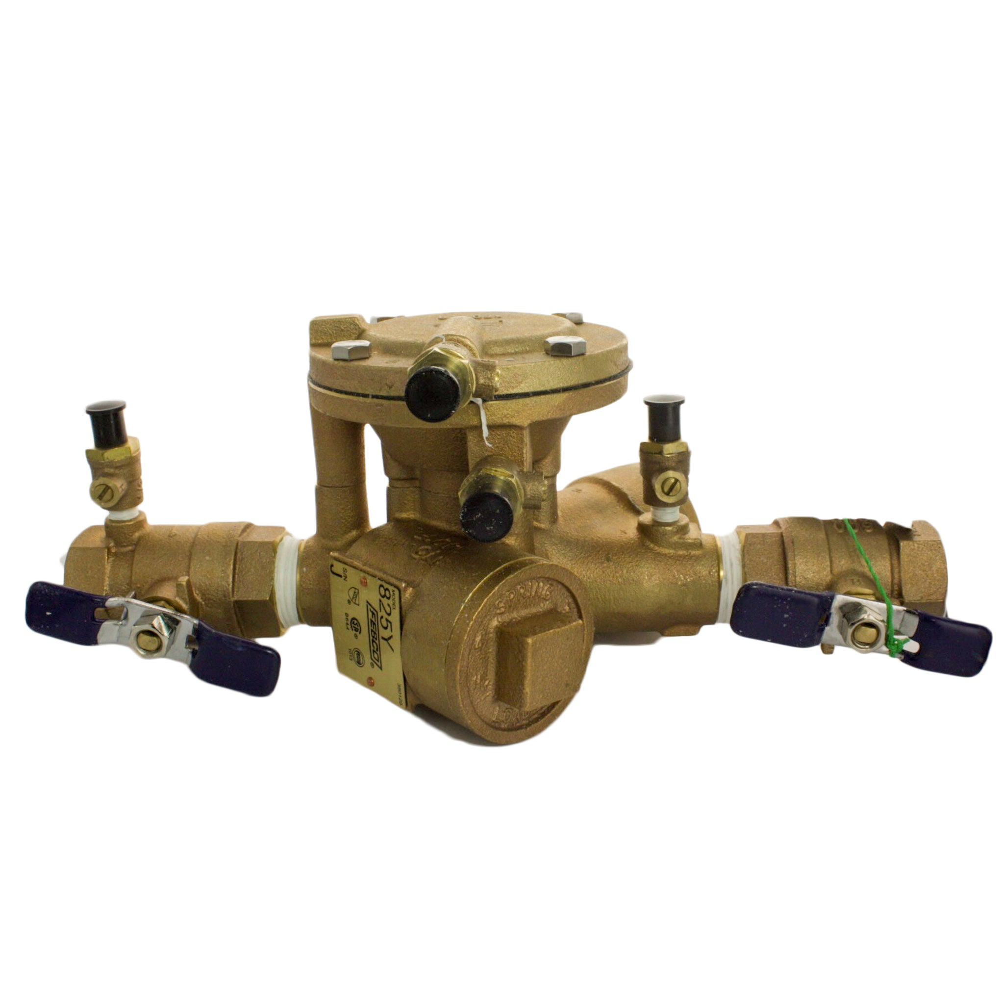 Angled side view of Febco 825Y 1-inch RPZ assembly highlighting the ball valve isolation, inlet/outlet connections, and durable bronze construction.