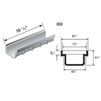 Bottom and side view of NDS 830 8-inch shallow channel drain showing stabilizing ribs, outlet knockouts, and snap-lock joint features.