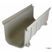 Perspective of NDS Pro Series 833 8-inch deep-profile channel drain in light gray, showing interlocking ends and top grate.