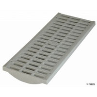 Light-gray NDS 837 8 x 20 inch channel grate shown at an angle, slotted top surface and mounting holes visible for installation (8" x 20").