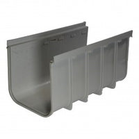 Light grey NDS Pro Series deep profile channel drain section, 12" x 20", showing top grate area and side profile with interlocking joint detail.