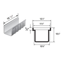 Angular view of NDS 843 deep profile channel drain section, 12" x 20", displaying underside and connection edge for modular assemblies.