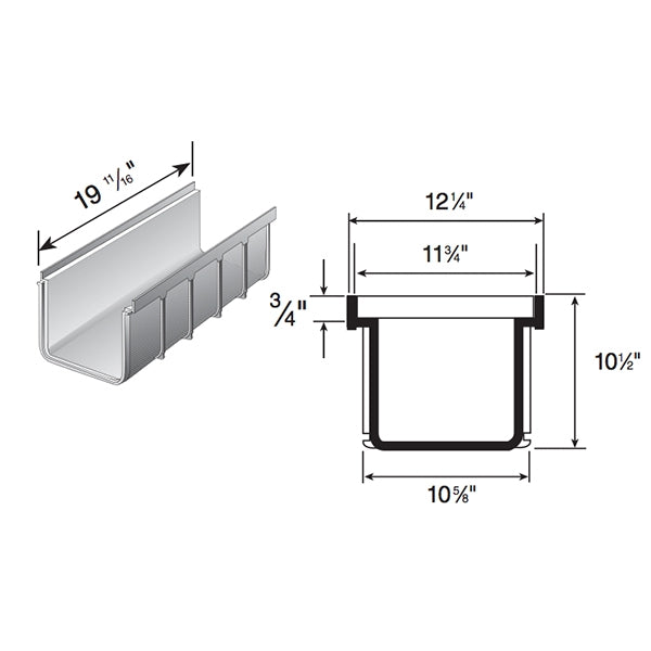 Angular view of NDS 843 deep profile channel drain section, 12" x 20", displaying underside and connection edge for modular assemblies.