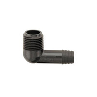 Close-up of Toro 850-31 1/2 in MNPT to 1/2 in barb 90-degree plastic elbow, showing threaded inlet and barbed outlet details on a white background.