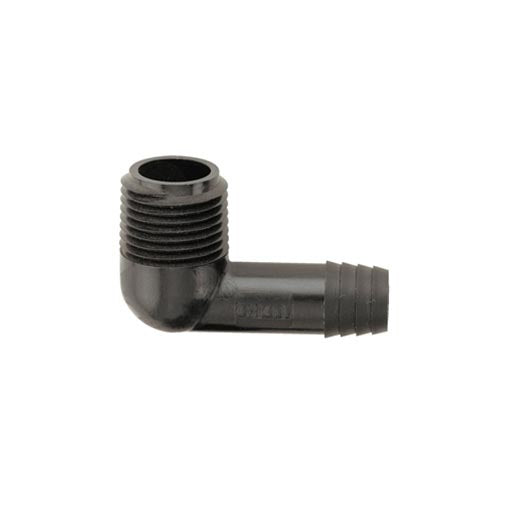 Close-up of Toro 850-31 1/2 in MNPT to 1/2 in barb 90-degree plastic elbow, showing threaded inlet and barbed outlet details on a white background.