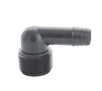 Close-up of Toro 850-32 3/4 in. male elbow showing 3/4 in. threaded male end and barbed Funny Pipe insert in plastic construction, isolated on white.