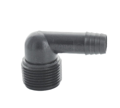 Close-up of Toro 850-32 3/4 in. male elbow showing 3/4 in. threaded male end and barbed Funny Pipe insert in plastic construction, isolated on white.