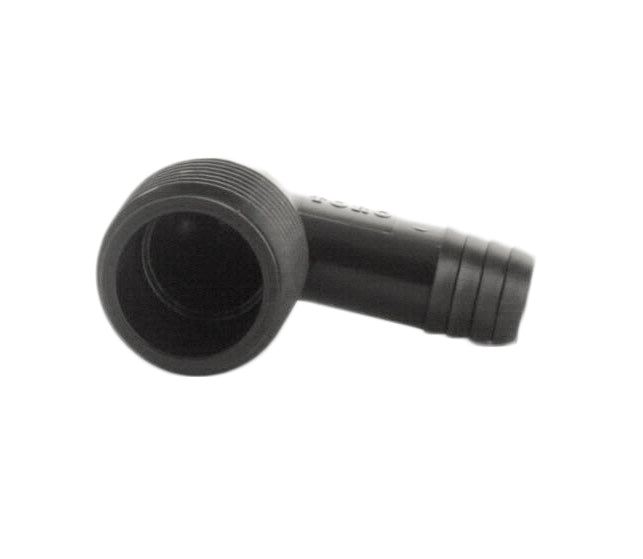 Packaged view of Toro 850-32 3/4 in. male elbow with clear view of threaded end and barbed insert, ideal for irrigation repairs and installations.