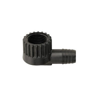 Close-up photo of Toro 850-34 1/2" FPT x 3/8" barb elbow — black plastic 90-degree irrigation fitting for Funny Pipe connections, showing threaded and barb ends.