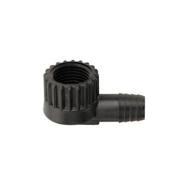 Close-up photo of Toro 850-34 1/2" FPT x 3/8" barb elbow — black plastic 90-degree irrigation fitting for Funny Pipe connections, showing threaded and barb ends.