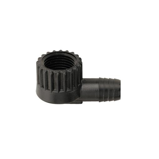 Close-up photo of Toro 850-34 1/2" FPT x 3/8" barb elbow — black plastic 90-degree irrigation fitting for Funny Pipe connections, showing threaded and barb ends.