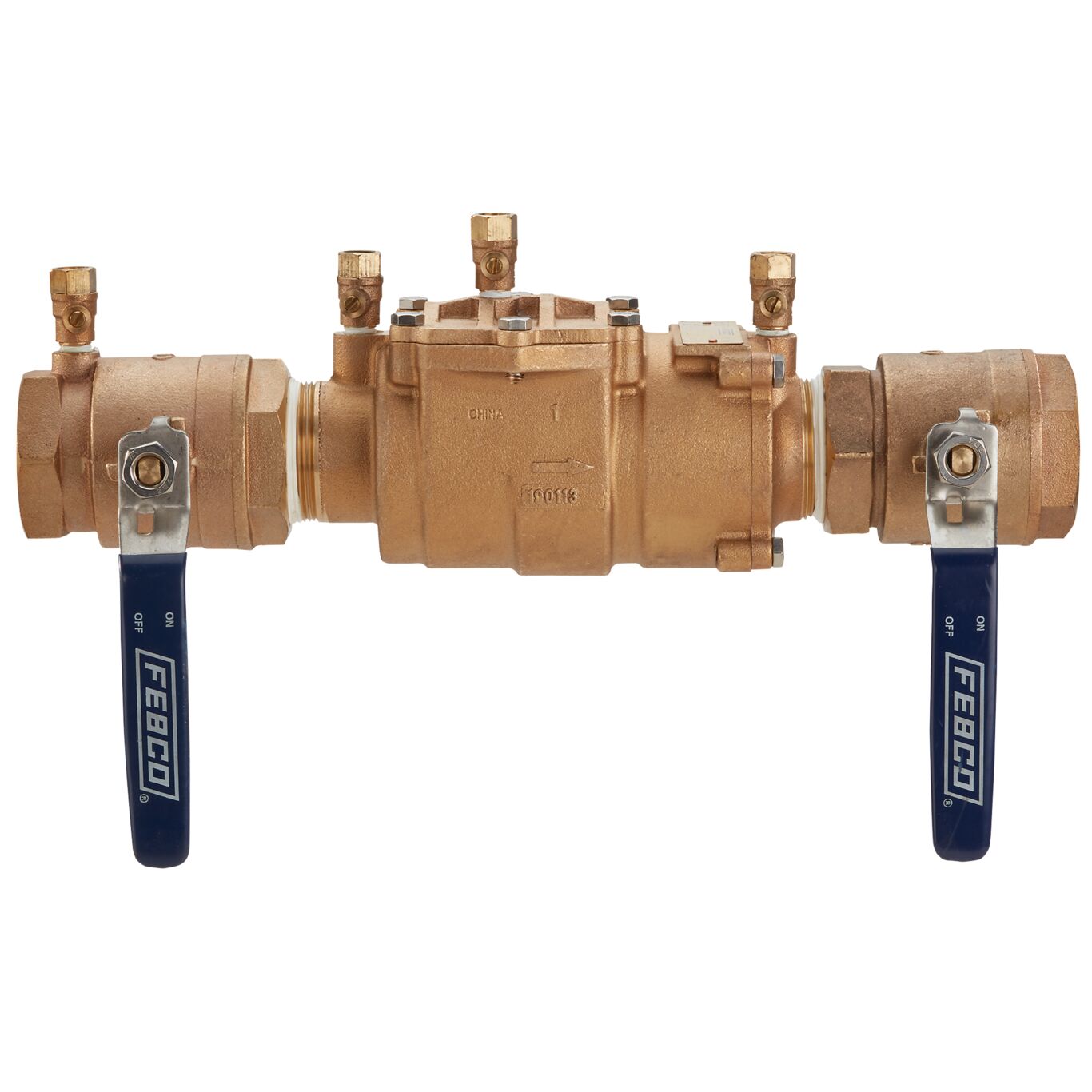 Close-up of FEBCO 850 double check valve showing bronze body, in-line check modules, captured springs, and NPT end connections for standard piping.