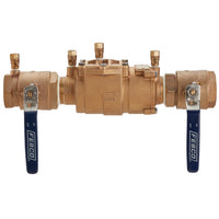 Close-up of FEBCO 850 double check valve showing bronze body, in-line check modules, captured springs, and NPT end connections for standard piping.