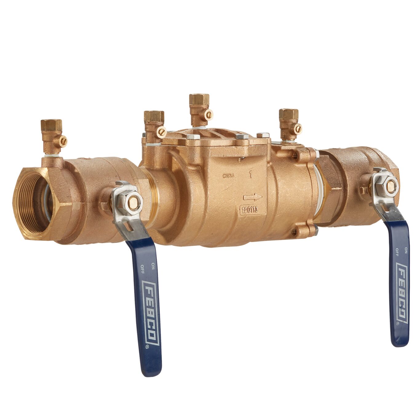 Angled view of FEBCO Model 850 2-inch double check assembly with quarter-turn ball valves and top-mounted test cocks visible for field testing and isolation.
