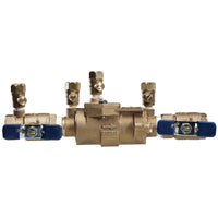 Front view of FEBCO Model 850 2-inch double check valve assembly in bronze, showing body, removable cover, and ball valve shutoffs for service access.