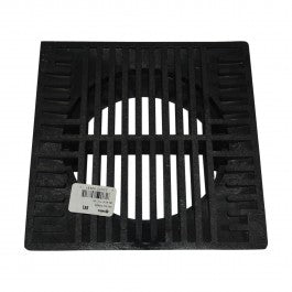 Top view of NDS 881 8-inch black square drain grate in foam polyolefin, showing square grid pattern, flange, and mounting area for basin installation (black finish).