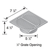 Angled view of NDS 881 8-inch black square grate, foam polyolefin construction visible with grid openings and edge flange suitable for Spee-D basin and 6-inch pipe connections.