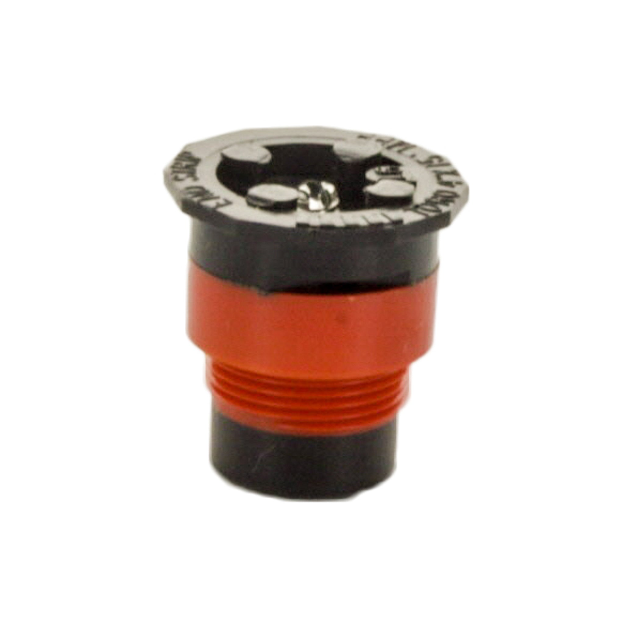 Front view of Toro MPR Plus 89-1500 pressure-compensating end-strip nozzle in orange, showing outlet and snap-in screen detail for filtration.