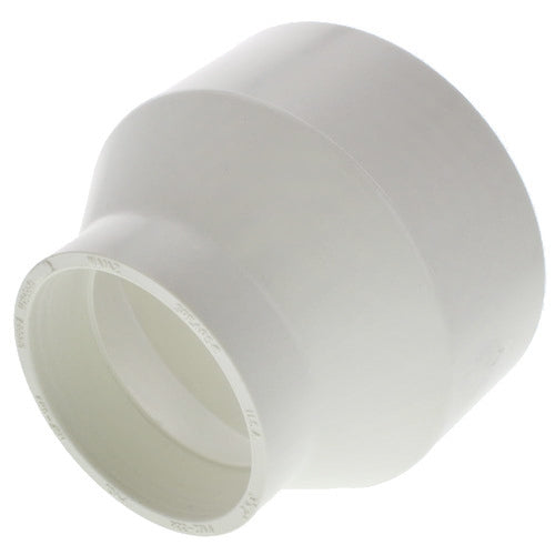 NDS 8P07 8 x 6 PVC S&D reducer coupling, white hub x hub solvent-weld fitting shown front view for installation.
