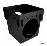 Top and side view of a black NDS 9 x 9 in. square catch basin with two outlet openings, showing molded polypropylene basin details and sump access.