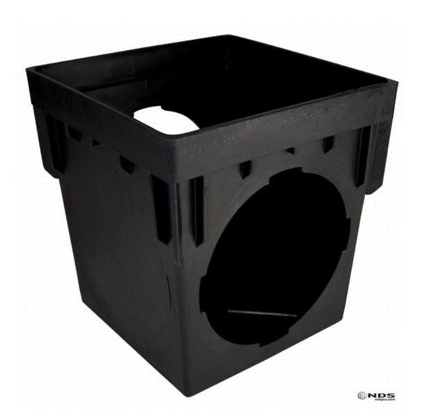 Top and side view of a black NDS 9 x 9 in. square catch basin with two outlet openings, showing molded polypropylene basin details and sump access.