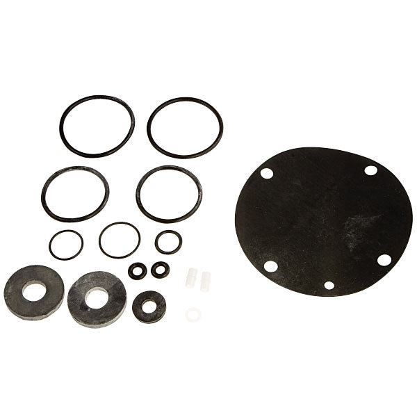 Photo of Febco 905-111 complete rubber kit for 825Y RPZ (3/4–1-1/4), showing replacement rubber parts, O-rings, diaphragm and small components on a white background.