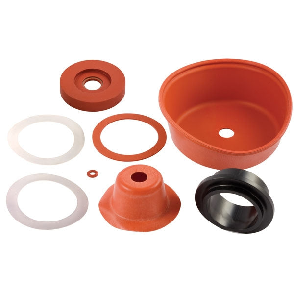 Product image: FEBCO 905-345 relief valve rubber kit showing diaphragms, seat disc, O-rings, slip rings, and lubricant packet.