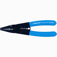 Channellock 8-1/4" (908G) wire stripper on white background with blue dipped handles, precision cutting jaws, and laser-etched gauge markings.