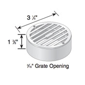Side angle of NDS 909B brass round grate with PVC collar, highlighting 3 in diameter and heel-proof grate openings.