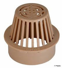 Top and side view of NDS 90S 6-inch sand atrium drain grate showing raised dome design, openings, and tan plastic material; installed over 6-inch Spee-D basin.