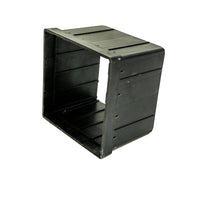 Angled product shot of NDS 916 riser, black styrene, illustrating structural shape and compatibility with NDS 9 x 9 basin series.