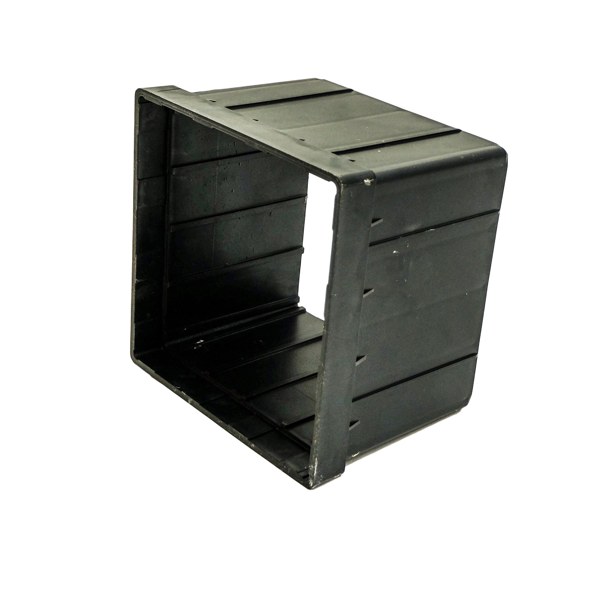 Angled product shot of NDS 916 riser, black styrene, illustrating structural shape and compatibility with NDS 9 x 9 basin series.