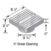 Side-angle view of NDS 920B satin brass grate with styrene low-profile adapter, illustrating the 2-3/4" height, brass finish, and mounting screws.