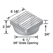 Angled view of NDS 921B installed on a Spee-D basin: satin brass square grate with removable styrene low-profile adapter visible.