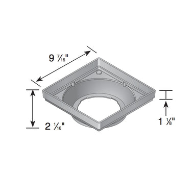 Angled view of NDS 930 9 x 9 in. black low-profile catch basin adapter illustrating the underside connection area for NDS universal outlets.