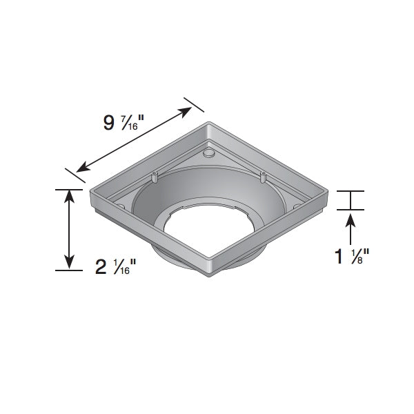Angled view of NDS 930 9 x 9 in. black low-profile catch basin adapter illustrating the underside connection area for NDS universal outlets.