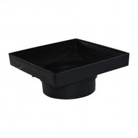NDS 932 9 in. square low-profile adapter in black HIPS plastic; angled view showing top opening, tapered outlet, and exterior profile.