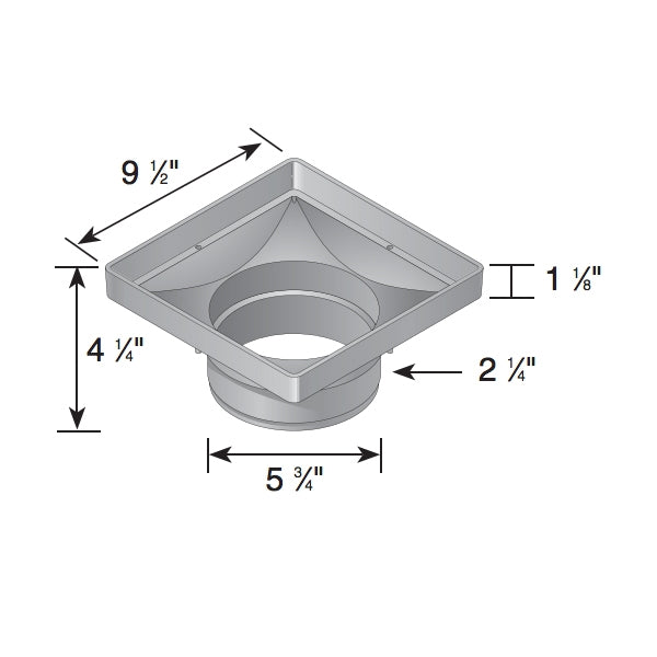 Top-down view of NDS 932 9 in. square low-profile adapter in black, showing the 9-1/2 in. opening and inner tapered profile for 6 in. connections.