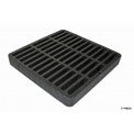 Top-down view of NDS 980 black 9 in. x 9 in. square catch basin grate showing diamond-pattern openings, mounting tabs, and textured surface for drainage.