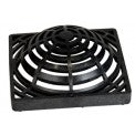 Angle view of NDS 981 black 9-inch square atrium grate showing domed slotted pattern and textured UV-stabilized polyolefin finish.