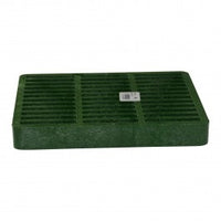 Top view of NDS 990 9 x 9 inch green square catch basin grate made from UV-stabilized HDPE with slotted openings and raised rim, ideal for landscape drainage.