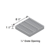 Angled view of NDS 990 green 9x9 square grate showing slotted pattern and edge detail, UV-stabilized HDPE construction for outdoor durability.
