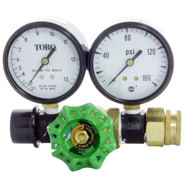 Front view of Toro 995-01 flow and PSI gauge with clear dial showing pressure to 160 PSI and 13 GPM, plus 1" threaded fitting for irrigation testing.