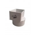 White PVC NDS 9P04 downspout offset adapter shown at an angled view, displaying inlet and outlet sockets and compact offset transition (product photo).