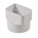 White NDS 9P06 PVC downspout adapter shown from side, 3" x 4" x 4" connection, solvent-weld hub visible and clear profile