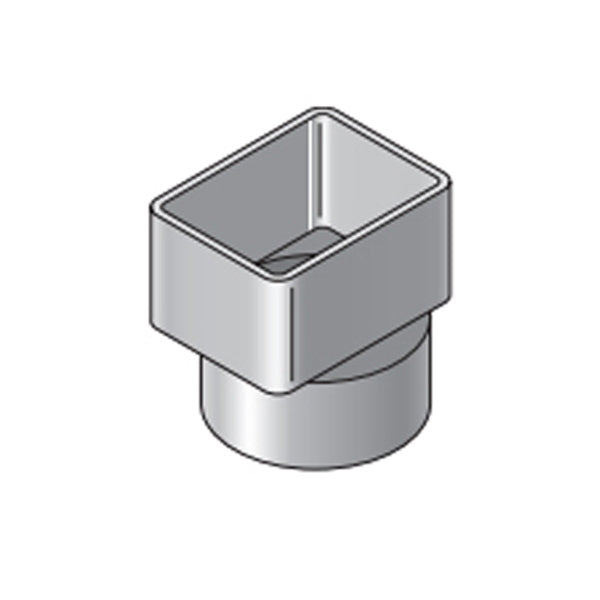 Close-up side view of NDS 9P08 PVC downspout adapter highlighting the 2x3-inch rectangular inlet and 4-inch DWV/SCH40 hub.