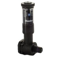 Front view of Hunter Accu-Sync adjustable inline pressure regulator with solenoid adapter and pressure window, glass-filled nylon body for durability.