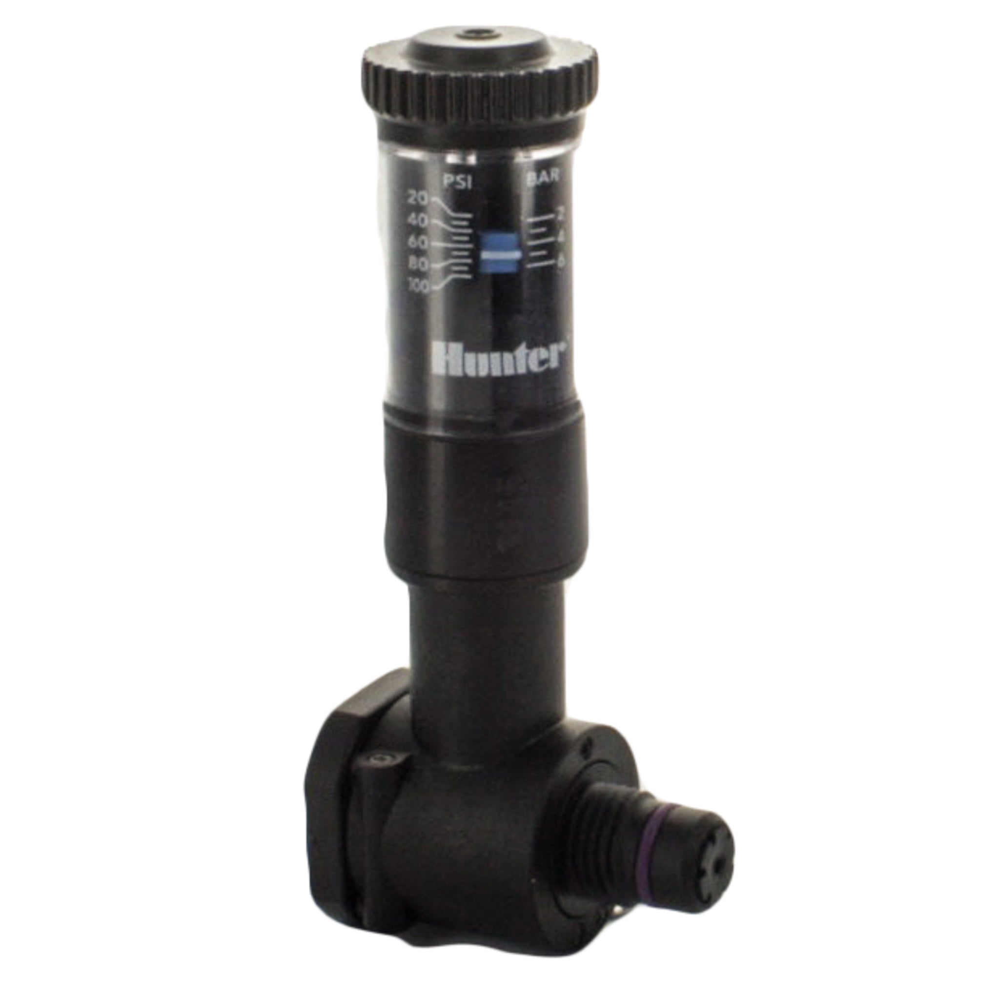 Front view of Hunter Accu-Sync adjustable inline pressure regulator with solenoid adapter and pressure window, glass-filled nylon body for durability.
