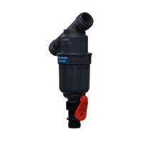 Front view of AMAID 1-inch Tagline filter with threaded 1" connections, removable filter element housing, and drain valve at the base for easy maintenance.