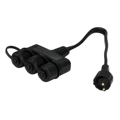 Aquascape 3-way quick-connect splitter for pond and landscape lighting showing three female quick-connect ports and a short pigtail cord for installation.